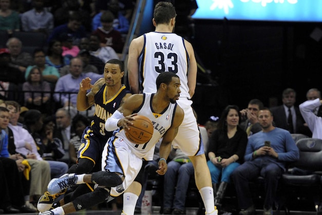 Mar 22, 2014; Memphis, TN, USA; Memphis Grizzlies center Marc Gasol (33) sets a pick for Memphis Grizzlies guard Mike Conley (11) against Indiana Pacers guard George Hill (3) during the game at FedExForum. Mandatory Credit: Justin Ford-USA TODAY Sports Mar 22, 2014; Memphis, TN, USA; Memphis Grizzlies center Marc Gasol (33) sets a pick for Memphis Grizzlies guard Mike Conley (11) against Indiana Pacers guard George Hill (3) during the game at FedExForum. Mandatory Credit: Justin Ford-USA TODAY Sports