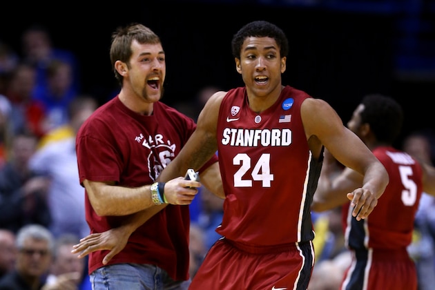 ST LOUIS, MO - MARCH 23:  Josh Huestis #24 of the Stanford Cardinal celebrates defeating the Kansas Jayhawks during the third round of the 2014 NCAA Men's Basketball Tournament at Scottrade Center on March 23, 2014 in St Louis, Missouri.  (Photo by Andy Lyons/Getty Images)