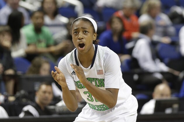 Notre Dame's Jewell Loyd (32) reacts after making a basket against Duke during the second half of the NCAA college basketball championship game of the Atlantic Coast Conference tournament in Greensboro, N.C., Sunday, March 9, 2014. (AP Photo/Chuck Burton)