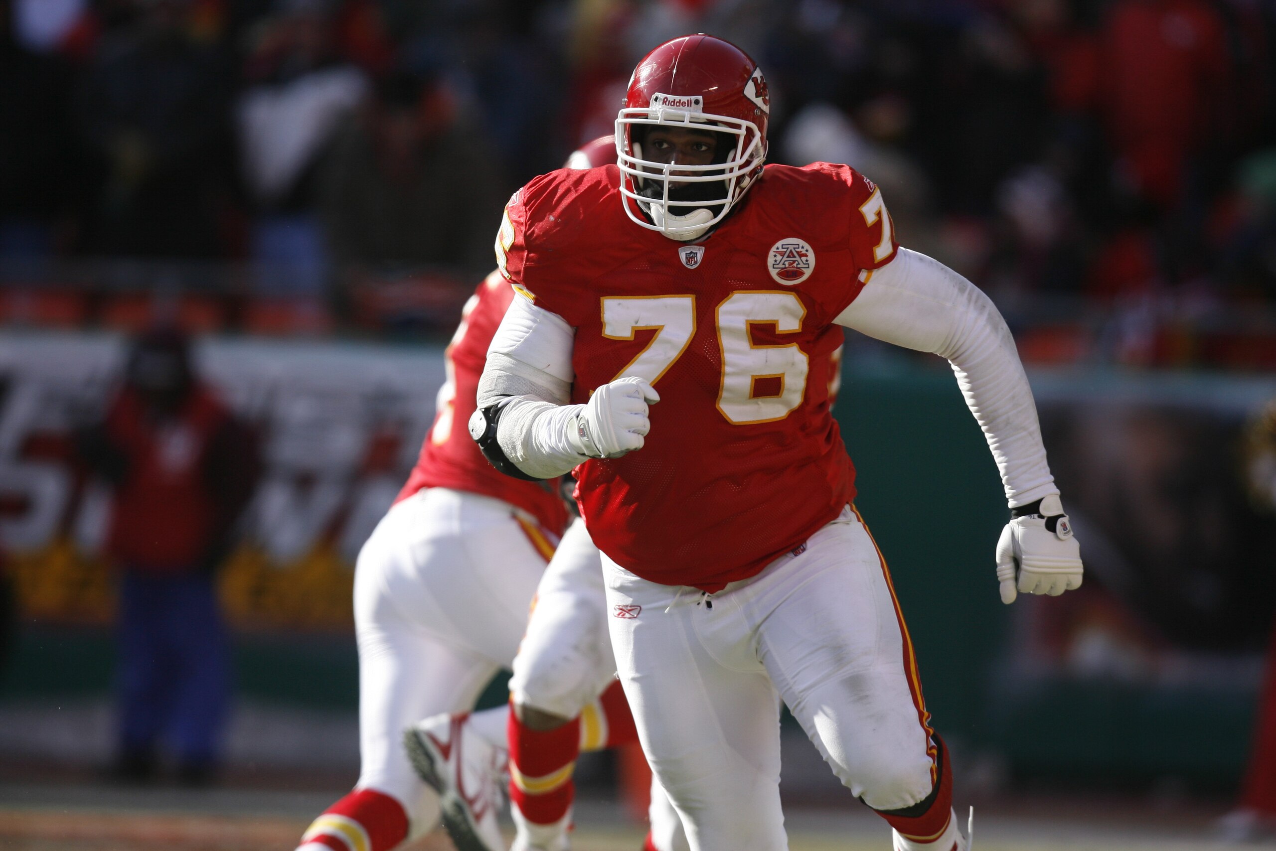 Kansas City Chiefs guard Branden Albert (76) during an NFL football game Sunday, Dec. 21, 2008, in Kansas City, Mo. (AP Photo/Ed Zurga)