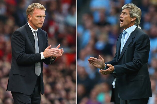 (FILE PHOTO - EDITORS NOTE: COMPOSITE OF TWO IMAGES - Image Numbers (left) 177990986 and 176924376 ) In this composite image a comparison has been made between David Moyes (L) , Manager of Manchester United and Manuel Pellegrini,Manager of Manchester City. Manchester City and Manchester United meet for the first Manchester Derby of the season on September 22, 2013 at the Etihad Stadium, Manchester. ***LEFT IMAGE*** MANCHESTER, ENGLAND - AUGUST 26: Manchester United Manager David Moyes applauds during the Barclays Premier League match between Manchester United and Chelsea at Old Trafford on August 26, 2013 in Manchester, England. (Photo by Alex Livesey/Getty Images) ***RIGHT IMAGE*** MANCHESTER, ENGLAND - AUGUST 19: Manuel Pellegrini the manager of Manchester City shouts instructions during the Barclays Premier League match between Manchester City and Newcastle United at the Etihad Stadium on August 19, 2013 in Manchester, England. (Photo by Alex Livesey/Getty Images) (FILE PHOTO - EDITORS NOTE: COMPOSITE OF TWO IMAGES - Image Numbers (left) 177990986 and 176924376 ) In this composite image a comparison has been made between David Moyes (L) , Manager of Manchester United and Manuel Pellegrini,Manager of Manchester City. Manchester City and Manchester United meet for the first Manchester Derby of the season on September 22, 2013 at the Etihad Stadium, Manchester. ***LEFT IMAGE*** MANCHESTER, ENGLAND - AUGUST 26: Manchester United Manager David Moyes applauds during the Barclays Premier League match between Manchester United and Chelsea at Old Trafford on August 26, 2013 in Manchester, England. (Photo by Alex Livesey/Getty Images) ***RIGHT IMAGE*** MANCHESTER, ENGLAND - AUGUST 19: Manuel Pellegrini the manager of Manchester City shouts instructions during the Barclays Premier League match between Manchester City and Newcastle United at the Etihad Stadium on August 19, 2013 in Manchester, England. (Photo by Alex Livesey/Getty Images)