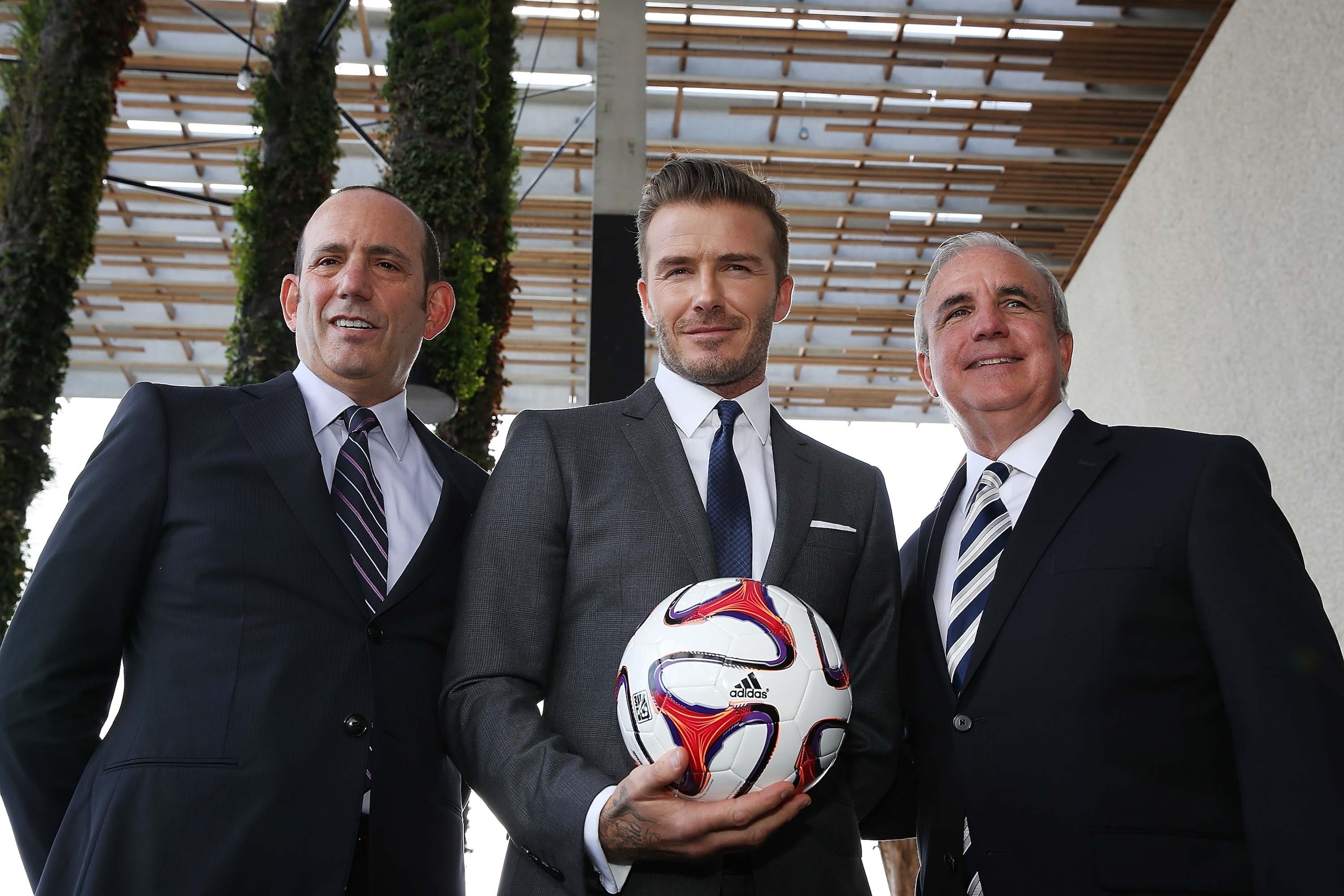MIAMI, FL - FEBRUARY 05: Commissioner Don Garber, David Beckham and Mayor Carlos Gimenez attends a press conference to announce their plans to launch a new Major League Soccer franchise at PAMM Art Museum on February 5, 2014 in Miami, Florida. (Photo by Aaron Davidson/Getty Images)