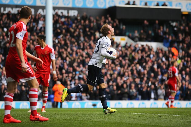 LONDON, ENGLAND - MARCH 23: Christian Eriksen of Tottenham Hotspur celebrates scoring his second goal during the Barclays Premier League match between Tottenham Hotspur and Southampton at White Hart Lane on March 23, 2014 in London, England.  (Photo by Clive Rose/Getty Images)
