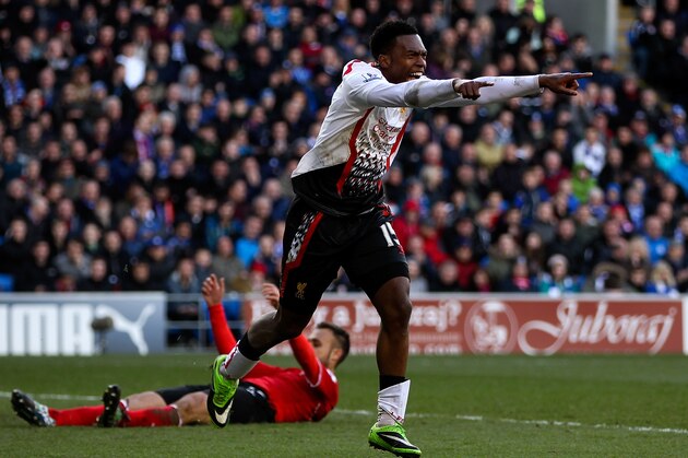 CARDIFF, WALES - MARCH 22:  Daniel Sturridge of Liverpool celebrates scoring his team's fifth goal during the Barclays Premier League match between Cardiff City and Liverpool at Cardiff City Stadium on March 22, 2014 in Cardiff, Wales.  (Photo by Ben Hoskins/Getty Images)