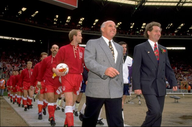 1992:  Ronnie Moran of Liverpool and Malcom Crosby of Sunderland lead their teams out before the FA Cup final at Wembley Stadium in London. Liverpool won the match 2-0. \ Mandatory Credit: Shaun  Botterill/Allsport