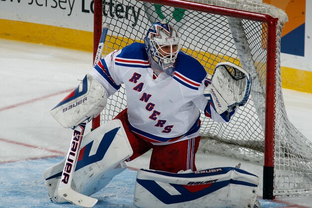 NEWARK, NJ - MARCH 22: Henrik Lundqvist #30 of the New York Rangers skates in warmups prior to the game against the New Jersey Devils at the Prudential Center on March 22, 2014 in Newark, New Jersey. The Rangers shut out the Devils 2-0.  (Photo by Bruce Bennett/Getty Images)