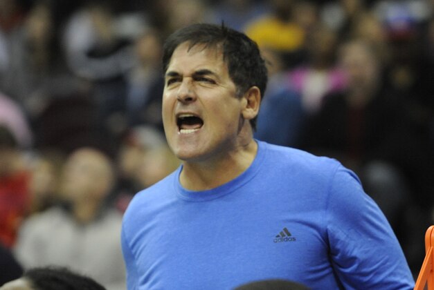Jan 20, 2014; Cleveland, OH, USA; Dallas Mavericks owner Mark Cuban reacts in the fourth quarter of a game between the Mavericks and the Cleveland Cavaliers at Quicken Loans Arena. Mandatory Credit: David Richard-USA TODAY Sports