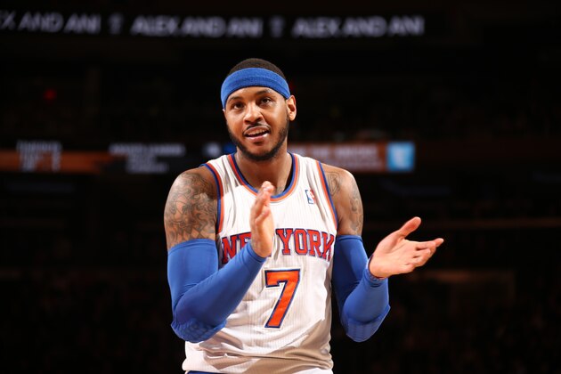 NEW YORK, NY - FEBRUARY 24: Carmelo Anthony #7 of the New York Knicks reacts during a game against the Dallas Mavericks at Madison Square Garden in New York City. NOTE TO USER: User expressly acknowledges and agrees that, by downloading and or using this photograph, User is consenting to the terms and conditions of the Getty Images License Agreement. Mandatory Copyright Notice: Copyright 2014 NBAE (Photo by Nathaniel S. Butler/NBAE via Getty Images)