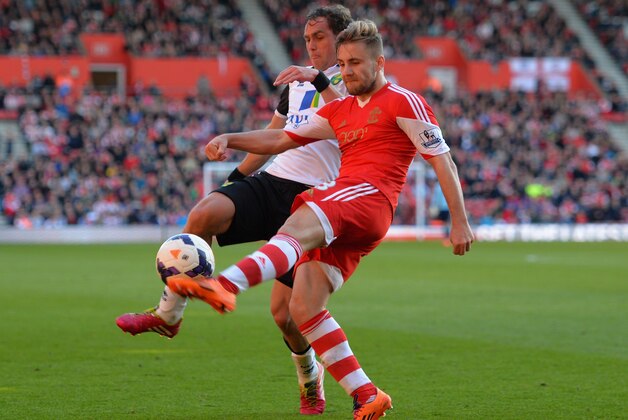 SOUTHAMPTON, ENGLAND - MARCH 15:  Luke Shaw of Southampton clears the ball away from Johan Elmander of Norwich during the Barclays Premier League match between Southampton and Norwich City at St Mary's Stadium on March 15, 2014 in Southampton, England.  (Photo by Christopher Lee/Getty Images)