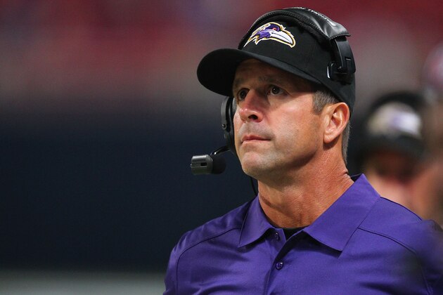 ST. LOUIS, MO - AUGUST 29: Head coach John Harbaugh of the Baltimore Ravens looks on during a pre-season game against the St. Louis Rams at the Edward Jones Dome on August 29, 2013 in St. Louis, Missouri. The Rams beat the Ravens 24-21. (Photo by Dilip Vishwanat/Getty Images) ST. LOUIS, MO - AUGUST 29: Head coach John Harbaugh of the Baltimore Ravens looks on during a pre-season game against the St. Louis Rams at the Edward Jones Dome on August 29, 2013 in St. Louis, Missouri. The Rams beat the Ravens 24-21. (Photo by Dilip Vishwanat/Getty Images)