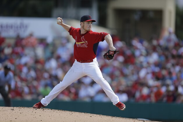 St. Louis Cardinals pitcher Keith Butler throws during the second inning of an exhibition spring training baseball game against the New York Mets Sunday, March 2, 2014, in Jupiter, Fla. (AP Photo/Jeff Roberson)