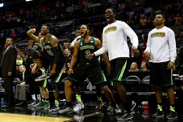 SAN ANTONIO, TX - MARCH 23:  The Baylor Bears reacts during the third round of the 2014 NCAA Men's Basketball Tournament against the Creighton Bluejays at the AT&T Center on March 23, 2014 in San Antonio, Texas.  (Photo by Tom Pennington/Getty Images)