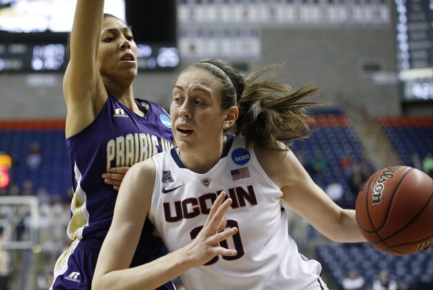 Mar 23, 2014; Storrs, CT, USA; Connecticut Huskies forward Breanna Stewart (30) dribbles the ball around Prairie View A&M Lady Panthers forward Asha Hampton-Finch (44) in the second half of a women's college basketball game in the first round of the NCAA Tournament at Gampel Pavilion. The Huskies won 87-44. Mandatory Credit: David Butler II-USA TODAY Sports
