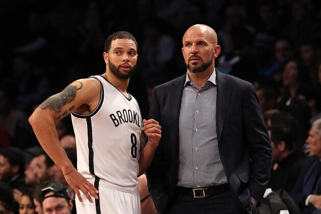 Mar 10, 2014; Brooklyn, NY, USA; Brooklyn Nets head coach Jason Kidd talks with point guard Deron Williams (8) during a break in action against the Toronto Raptors during the third quarter at the Barclays Center. The Brooklyn Nets defeated the Toronto Raptors 101-97. Mandatory Credit: Adam Hunger-USA TODAY Sports Mar 10, 2014; Brooklyn, NY, USA; Brooklyn Nets head coach Jason Kidd talks with point guard Deron Williams (8) during a break in action against the Toronto Raptors during the third quarter at the Barclays Center. The Brooklyn Nets defeated the Toronto Raptors 101-97. Mandatory Credit: Adam Hunger-USA TODAY Sports