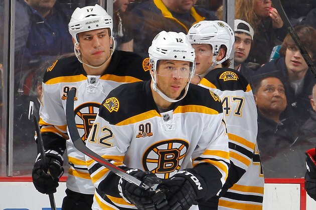 NEWARK, NJ - MARCH 18:  Jarome Iginla #12 of the Boston Bruins celebrates his second period goal against the New Jersey Devils at the Prudential Center on March 18, 2014 in Newark, New Jersey.  (Photo by Jim McIsaac/Getty Images)