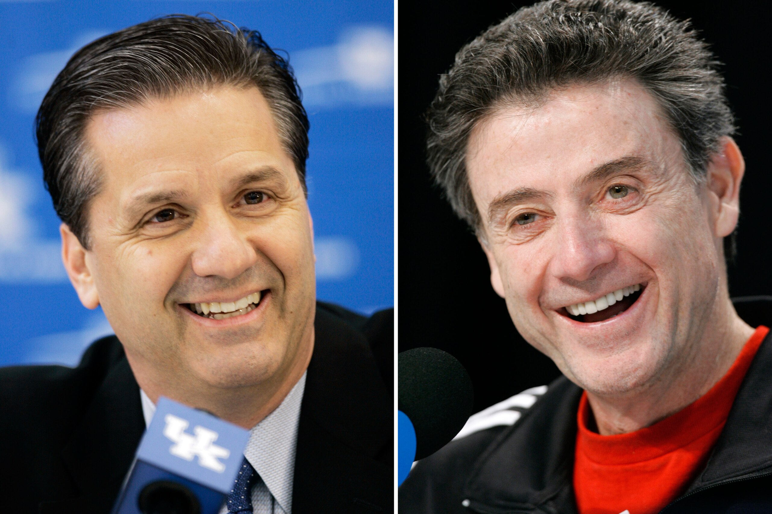 FILE -- At left is a March 28, 2009, file photo showing Kentucky Basketball coach John Calipari during a news conference in Lexington, Ky. At right is an April 1, 2009, file photo showing Louisville coach Rick Pitino during a news conference in Indianapolis. On the day John Calipari's former team was stripped of its Final Four run, the Kentucky coach drew a standing ovation at the state fair. Rick Pitino, a week removed from admitting a sexual encounter in a restaurant six years ago, has the support of Louisville administrators and fans. One thing you can say about people in the state of Kentucky _ they're loyal to their teams. (AP Photo/File)