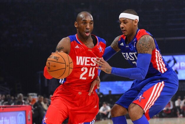 Feb 17, 2013; Houston, TX, USA; Western Conference guard Kobe Bryant (24) of the Los Angeles Lakers drives against Eastern Conference forward Carmelo Anthony (7) of the New York Knicks in the first quarter of the 2013 NBA all star game at the Toyota Center. Mandatory Credit: Bob Donnan-USA TODAY Sports Feb 17, 2013; Houston, TX, USA; Western Conference guard Kobe Bryant (24) of the Los Angeles Lakers drives against Eastern Conference forward Carmelo Anthony (7) of the New York Knicks in the first quarter of the 2013 NBA all star game at the Toyota Center. Mandatory Credit: Bob Donnan-USA TODAY Sports