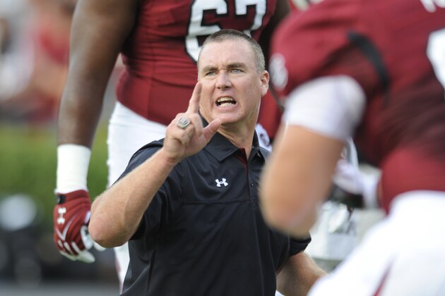 COLUMBIA, SC - SEPTEMBER 15: Offensive line coach Shawn Elliott of the South Carolina Gamecocks during team warm- ups against the UAB Blazers in their NCAA college football game on September 15, 2012 at Williams Brice Stadium in Columbia, South Carolina. (Photo by Mary Ann Chastain/Getty Images)