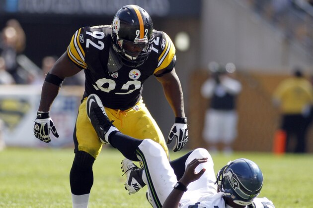 PITTSBURGH, PA - SEPTEMBER 18:   James Harrison #92 of the Pittsburgh Steelers reacts to sacking Tarvaris Jackson #7 of the Seattle Seahawks during the game on September 18, 2011 at Heinz Field in Pittsburgh, Pennsylvania.  The Steelers defeated the Seahawks 24-0.  (Photo by Justin K. Aller/Getty Images)