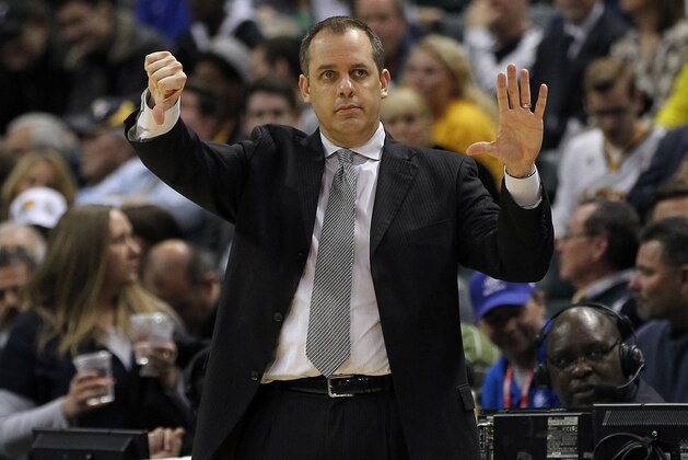 Mar 17, 2014; Indianapolis, IN, USA; Indiana Pacers head coach Frank Vogel reacts during the third quarter against the Philadelphia 76ers at Bankers Life Fieldhouse. The Pacers won 99-90. Mandatory Credit: Pat Lovell-USA TODAY Sports