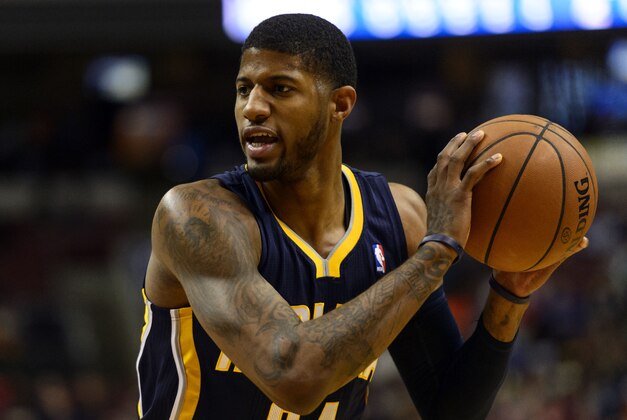 Mar 14, 2014; Philadelphia, PA, USA; Indiana Pacers forward Paul George (24) during the first quarter against the Philadelphia 76ers at the Wells Fargo Center. The Pacers defeated the Sixers 101-94. Mandatory Credit: Howard Smith-USA TODAY Sports