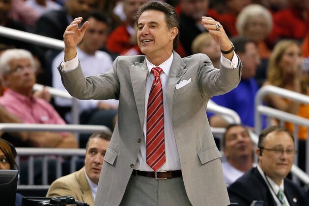ORLANDO, FL - MARCH 22:  Head coach Rick Pitino of the Louisville Cardinals looks on in the second half while taking on the Saint Louis Billikens during the third round of the 2014 NCAA Men's Basketball Tournament at Amway Center on March 22, 2014 in Orlando, Florida.  (Photo by Kevin C. Cox/Getty Images)