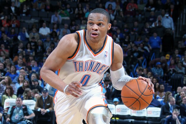 OKLAHOMA CITY, OK - MARCH 4: Russell Westbrook #0 of the Oklahoma City Thunder dribbles the ball up the court against the Philadelphia 76ers during an NBA game on March 4, 2014 at the Chesapeake Energy Arena in Oklahoma City, Oklahoma. NOTE TO USER: User expressly acknowledges and agrees that, by downloading and or using this Photograph, user is consenting to the terms and conditions of the Getty Images License Agreement. Mandatory Copyright Notice: Copyright 2014 NBAE (Photo by Layne Murdoch Jr./NBAE via Getty Images)