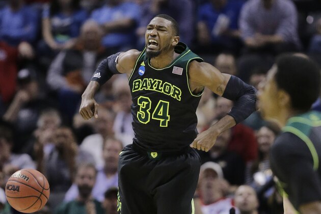 Baylor's Cory Jefferson (34) yells as he scores against Creighton during the second half of a third-round game in the NCAA college basketball tournament Sunday, March 23, 2014, in San Antonio. (AP Photo/Eric Gay)