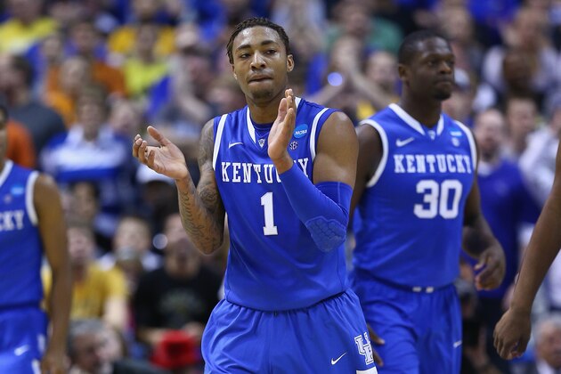 ST LOUIS, MO - MARCH 23:   James Young #1 of the Kentucky Wildcats reacts after a play against the Wichita State Shockers during the third round of the 2014 NCAA Men's Basketball Tournament at Scottrade Center on March 23, 2014 in St Louis, Missouri.  (Photo by Andy Lyons/Getty Images)