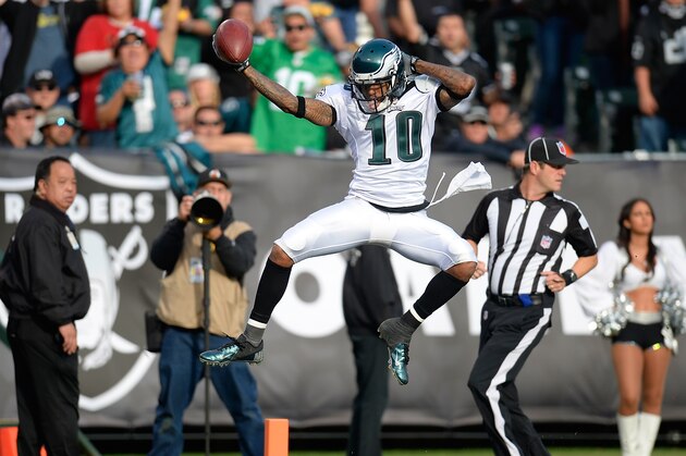 OAKLAND, CA - NOVEMBER 03:  DeSean Jackson #10 of the Philadelphia Eagles leaps over the goal line scoring on a forty six yard touchdown pass against the Oakland Raiders during the third quarter at O.co Coliseum on November 3, 2013 in Oakland, California.  (Photo by Thearon W. Henderson/Getty Images)