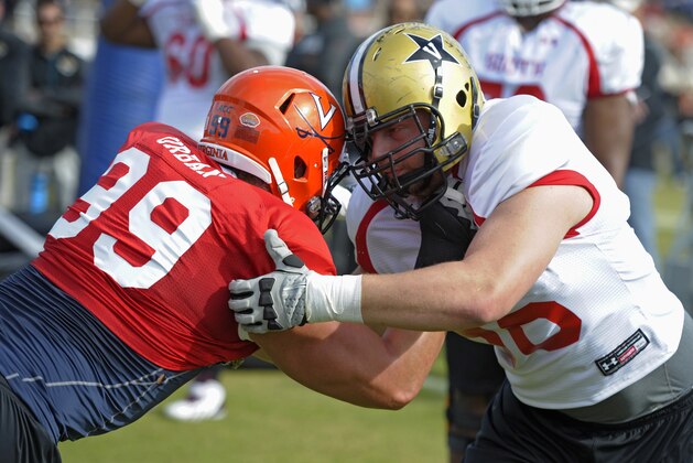South Squad defensive end Brent Urban of Virginia (99) battles offensive guard Wesley Johnson of Vanderbilt (66) during Senior Bowl practice at Fairhope Municipal Stadium, Monday, Jan. 20, 2014 in Fairhope, Ala.  (AP Photo/G.M. Andrews)
