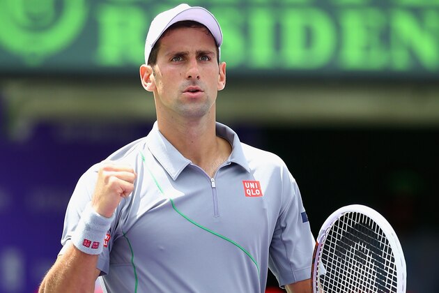 KEY BISCAYNE, FL - MARCH 25:  Novak Djokovic of Serbia celebrates match point against Tommie Robredo of Spain after their match on day 9 of the Sony Open at Crandon Park Tennis Center on March 25, 2014 in Key Biscayne, Florida.  (Photo by Al Bello/Getty Images)
