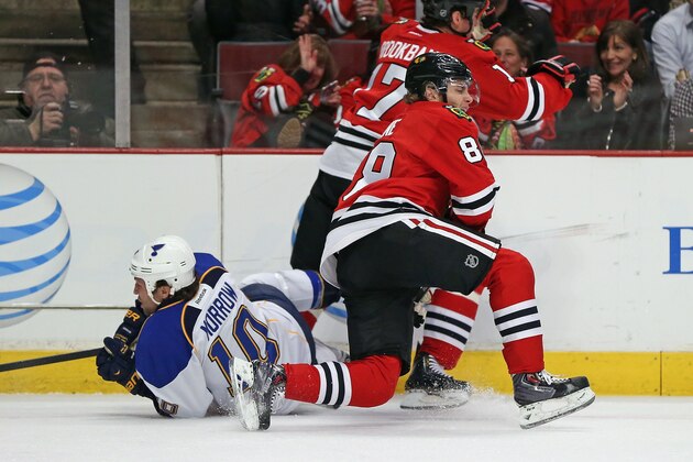 CHICAGO, IL - MARCH 19: Patrick Kane #88 of the Chicago Blackhawks suffers an apparent injury after a collision with teammate Sheldon Brookbank #17 and Brenden Morrow #10 of the St. Louis Blues at the United Center on March 19, 2014 in Chicago, Illinois. The Blackhawks defeated the Blues 4-0.(Photo by Jonathan Daniel/Getty Images) CHICAGO, IL - MARCH 19: Patrick Kane #88 of the Chicago Blackhawks suffers an apparent injury after a collision with teammate Sheldon Brookbank #17 and Brenden Morrow #10 of the St. Louis Blues at the United Center on March 19, 2014 in Chicago, Illinois. The Blackhawks defeated the Blues 4-0.(Photo by Jonathan Daniel/Getty Images)