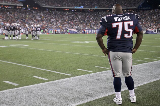 FOXBORO, MA - AUGUST 20:   Vince Wilfork #75 of the New England Patriots watches the action during a game with the Philadelphia Eagles during a preseason game at Gillette Stadium on August  20, 2012 in Foxboro, Massachusetts. (Photo by Jim Rogash/Getty Images)