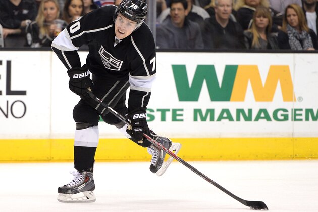 LOS ANGELES, CA - MARCH 03:  Tanner Pearson #70 of the Los Angeles Kings gets ready to shoot on the Montreal Canadiens at Staples Center on March 3, 2014 in Los Angeles, California.  (Photo by Harry How/Getty Images)