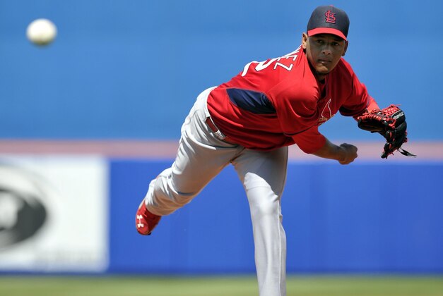 Mar 7, 2014; Port St. Lucie, FL, USA; St. Louis Cardinals pitcher Carlos Martinez throws against the New York Mets in spring training action at Tradition Stadium. Mandatory Credit: Brad Barr-USA TODAY Sports