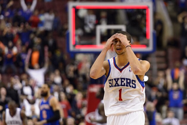 Mar 21, 2014; Philadelphia, PA, USA; Philadelphia 76ers guard Michael Carter-Williams (1) reacts to loosing to the New York Knicks at the Wells Fargo Center. The Knicks defeated the Sixers 93-92. Mandatory Credit: Howard Smith-USA TODAY Sports
