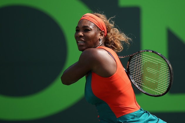 KEY BISCAYNE, FL - MARCH 24:  Serena Williams of the United States in action against Coco Vandeweghe of the United States during their fourth round match during day 8 at the Sony Open at Crandon Park Tennis Center on March 24, 2014 in Key Biscayne, Florida.  (Photo by Clive Brunskill/Getty Images)