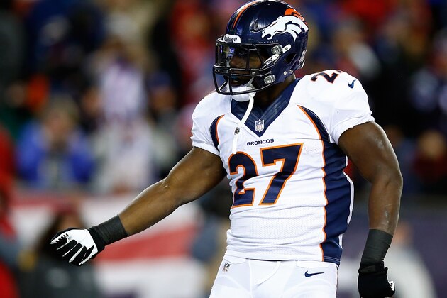 FOXBORO, MA - NOVEMBER 24: Running back Knowshon Moreno #27 of the Denver Broncos reacts after a play against the New England Patriots during a game at Gillette Stadium on November 24, 2013 in Foxboro, Massachusetts.  (Photo by Jared Wickerham/Getty Images)