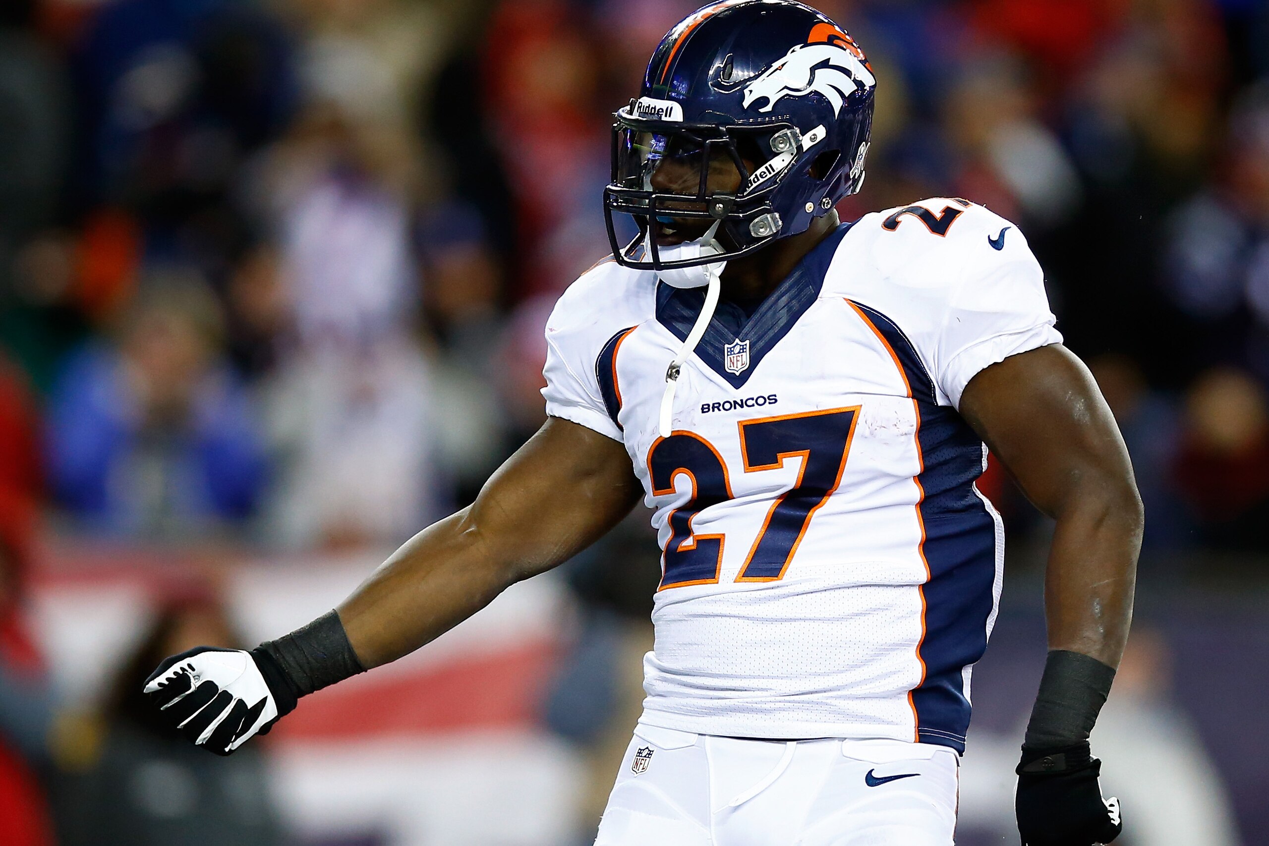 FOXBORO, MA - NOVEMBER 24: Running back Knowshon Moreno #27 of the Denver Broncos reacts after a play against the New England Patriots during a game at Gillette Stadium on November 24, 2013 in Foxboro, Massachusetts. (Photo by Jared Wickerham/Getty Images) FOXBORO, MA - NOVEMBER 24: Running back Knowshon Moreno #27 of the Denver Broncos reacts after a play against the New England Patriots during a game at Gillette Stadium on November 24, 2013 in Foxboro, Massachusetts. (Photo by Jared Wickerham/Getty Images)