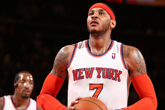 NEW YORK, NY - MARCH 19: Carmelo Anthony #7 of the New York Knicks attempts a free throw against the Indiana Pacers at Madison Square Garden in New York City on March 19, 2014. NOTE TO USER: User expressly acknowledges and agrees that, by downloading and or using this photograph, User is consenting to the terms and conditions of the Getty Images License Agreement. Mandatory Copyright Notice: Copyright 2014 NBAE (Photo by Nathaniel S. Butler/NBAE via Getty Images) NEW YORK, NY - MARCH 19: Carmelo Anthony #7 of the New York Knicks attempts a free throw against the Indiana Pacers at Madison Square Garden in New York City on March 19, 2014. NOTE TO USER: User expressly acknowledges and agrees that, by downloading and or using this photograph, User is consenting to the terms and conditions of the Getty Images License Agreement. Mandatory Copyright Notice: Copyright 2014 NBAE (Photo by Nathaniel S. Butler/NBAE via Getty Images)