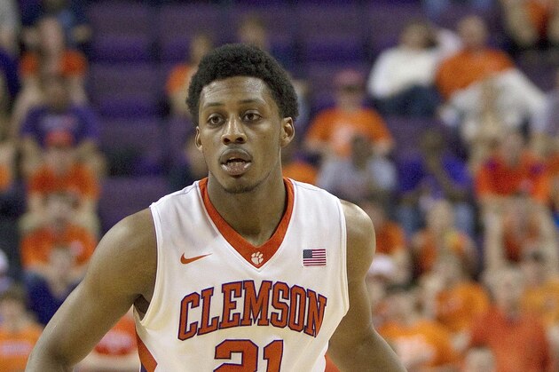 Mar 2, 2014; Clemson, SC, USA; Clemson Tigers guard Damarcus Harrison (21) looks to pass the ball during first overtime against the Maryland Terrapins at J.C. Littlejohn Coliseum. Tigers won 77-73. Mandatory Credit: Joshua S. Kelly-USA TODAY Sports