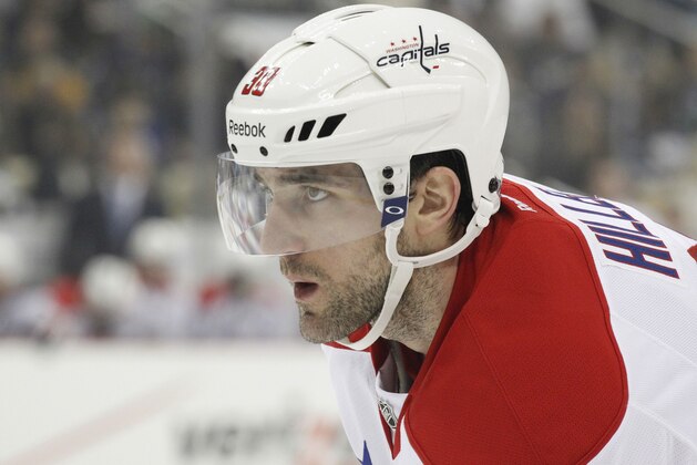 Mar 11, 2014; Pittsburgh, PA, USA; Washington Capitals defenseman Jack Hillen (38) on the ice against the Pittsburgh Penguins during the first period at the CONSOL Energy Center. The Penguins won 2-0. Mandatory Credit: Charles LeClaire-USA TODAY Sports