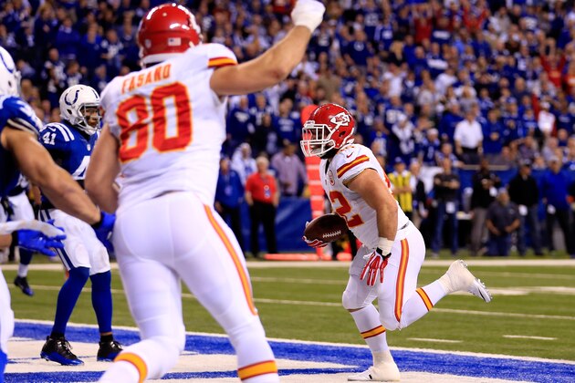 INDIANAPOLIS, IN - JANUARY 04: Fullback Anthony Sherman #42 of the Kansas City Chiefs scores a touchdown in the second quarter against the Indianapolis Colts during a Wild Card Playoff game at Lucas Oil Stadium on January 4, 2014 in Indianapolis, Indiana.  (Photo by Rob Carr/Getty Images)
