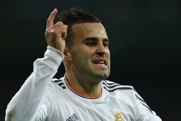 Real's Jese Rodriguez celebrates after scoring during a semi final, 1st leg, Copa del Rey soccer derby match between Real Madrid and Atletico Madrid at the Santiago Bernabeu Stadium in Madrid, Wednesday Feb. 5, 2014.  (AP Photo/Paul White)