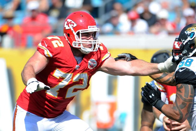 Sep 8, 2013; Jacksonville, FL, USA; Kansas City Chiefs tackle Eric Fisher (72) blocks Jacksonville Jaguars defensive end Jason Babin (58) during the game at EverBank Field. Mandatory Credit: Melina Vastola-USA TODAY Sports