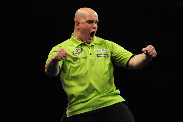 LONDON, ENGLAND - MAY 16: Michael Van Gerwen of Holland celebrates winning The Final against Phill Taylor of England during the McCoy's Premier League Darts Play-Offs at The O2 Arena on May 16, 2013 in London, England. (Photo by Charlie Crowhurst/Getty Images)