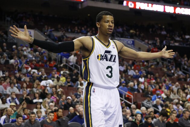 Utah Jazz's Trey Burke in action during an NBA basketball game against the Philadelphia 76ers, Saturday, March 8, 2014, in Philadelphia. (AP Photo/Matt Slocum)