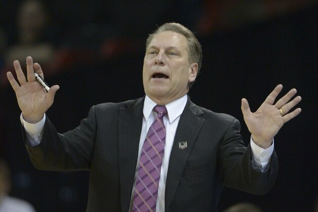 Mar 20, 2014; Spokane, WA, USA; Michigan State Spartans head coach Tom Izzo instructs against the Delaware Fightin Blue Hens in the second half of a men's college basketball game during the second round of the 2014 NCAA Tournament at Veterans Memorial Arena. Mandatory Credit: Kirby Lee-USA TODAY Sports