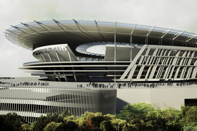 This artist rendering provided by Italian Serie A soccer club Roma, Wednesday March 26, 2014 shows the new stadium to be build on the outskirts of Rome. Three-time Serie A champion Roma plans to build a new privately financed stadium inspired by the Colosseum on the outskirts of the Italian capital. Labeled